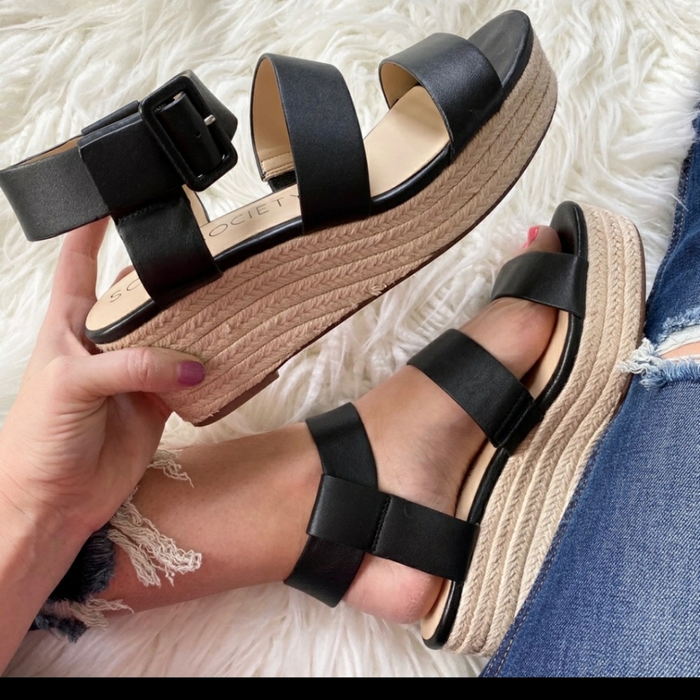 Sole Society Audrinah Black Leather Espadrille Wedge Sandals 7.5 US